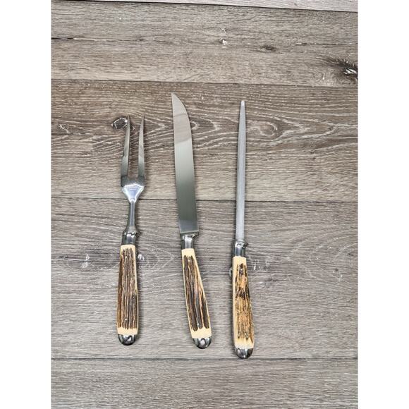 Solingen Germany Stainless Stag Antler Handle Carving Knife Serving Fork~3 Pc - Picture 7 of 9